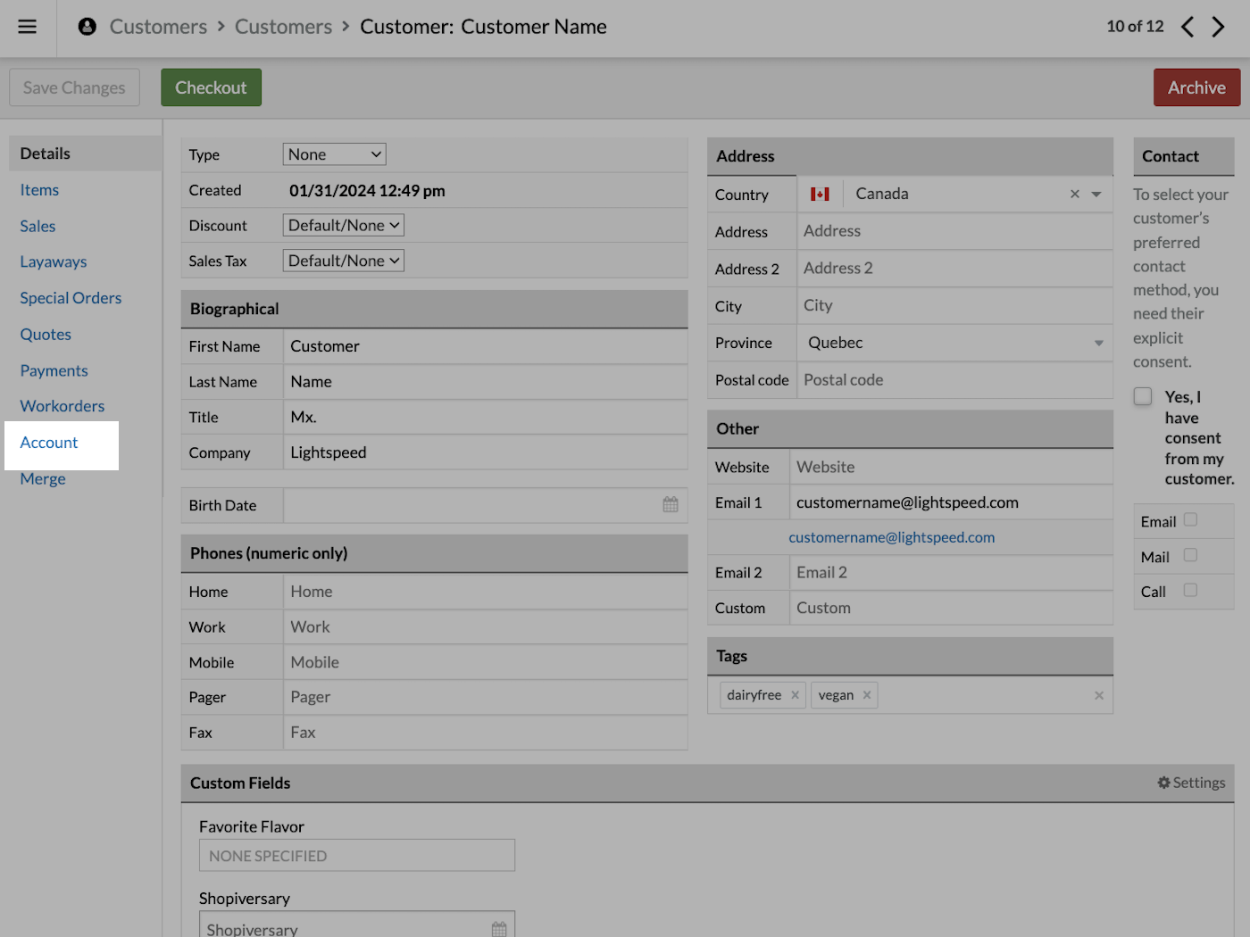 Individual customer page with Account emphasized.