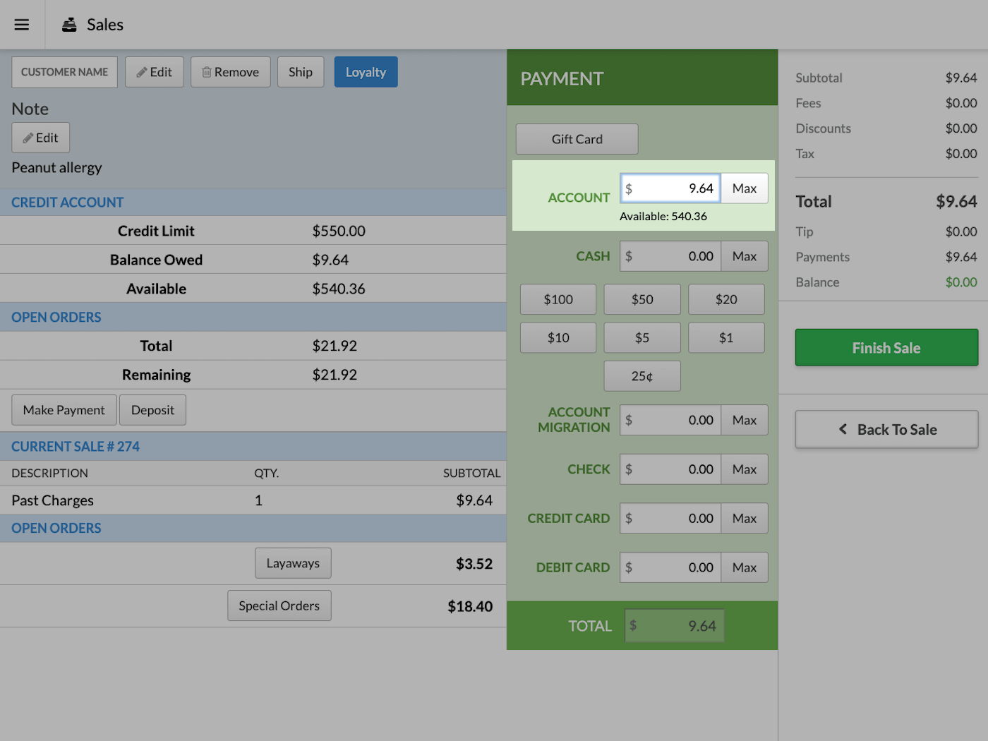 Payment page with Account field emphasized.