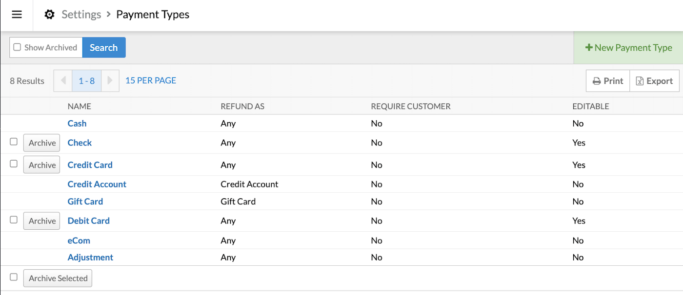 Payment Types page showing +New Payment Type button.