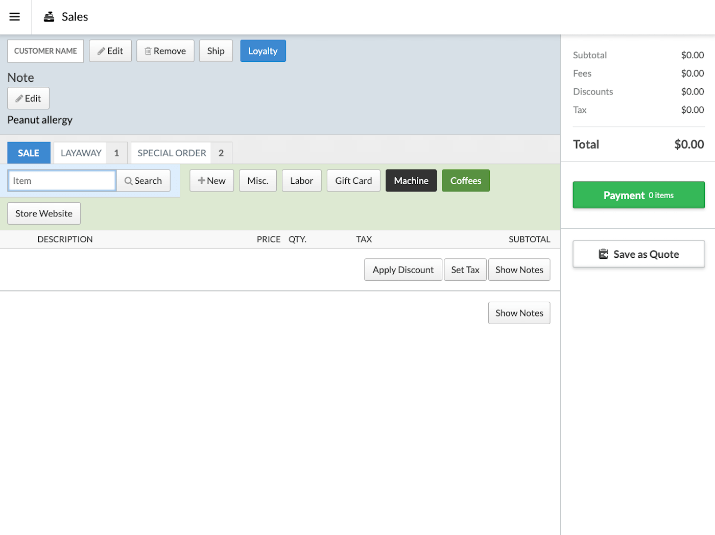 Sale page with customer added showing Payment button.
