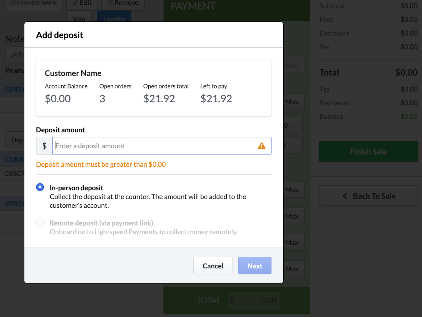 Add deposit pop-up with Deposit amount field, In-person or Remote deposit options, Cancel button, and Next button.