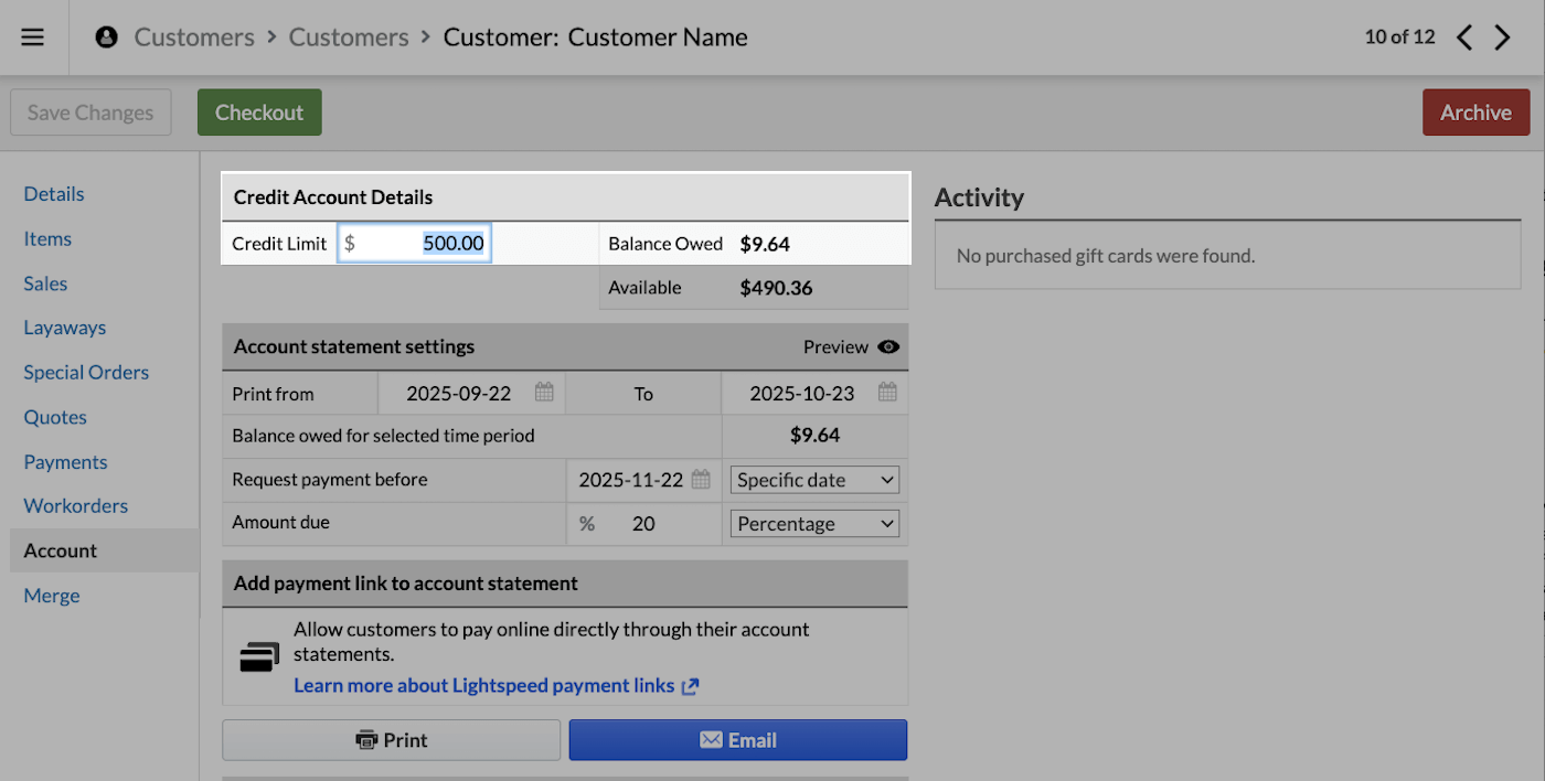 Customer's Account tab with Credit Limit and Balance Owed emphasized.