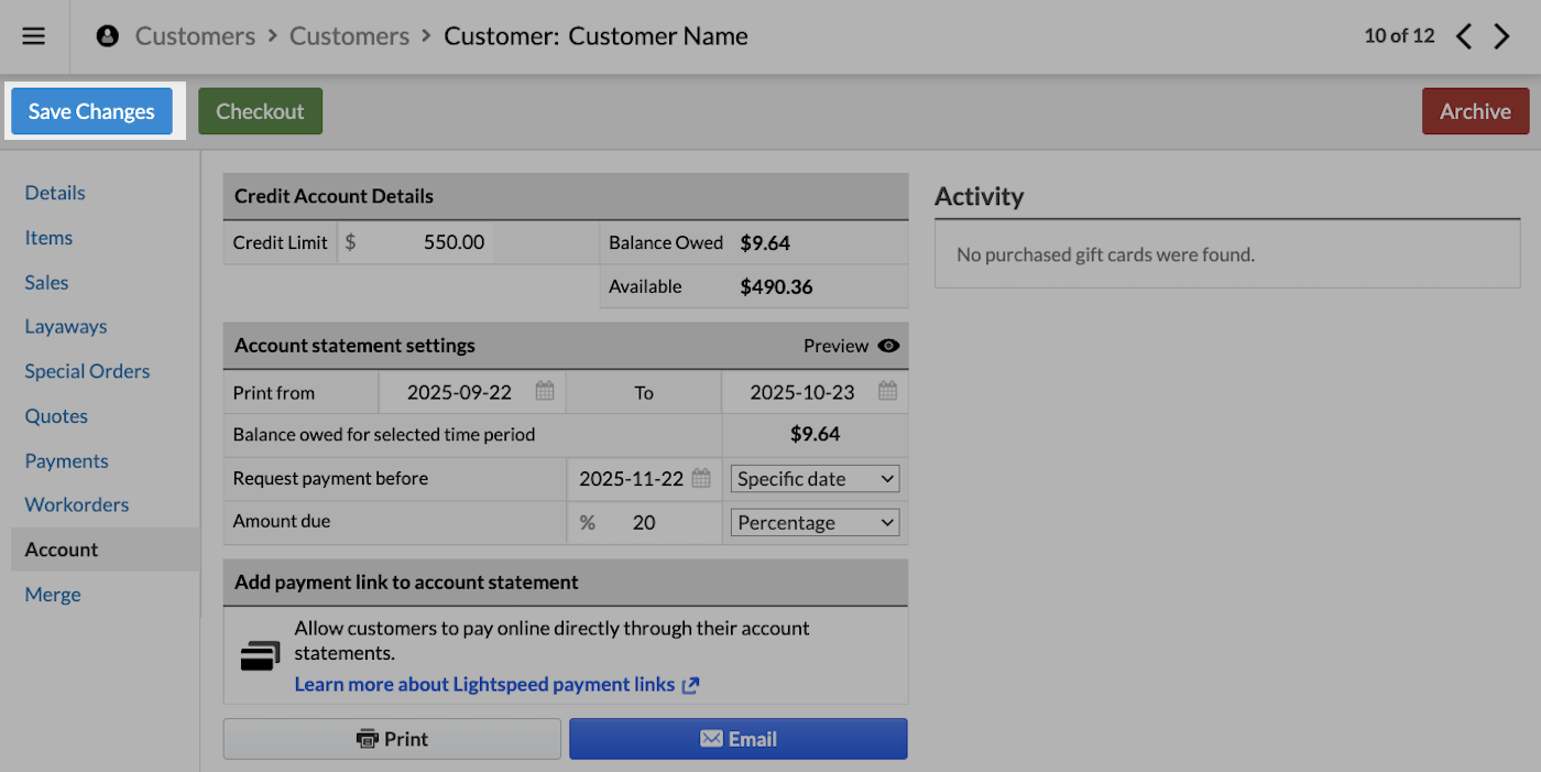 Save Changes button emphasized on customer's Account tab.