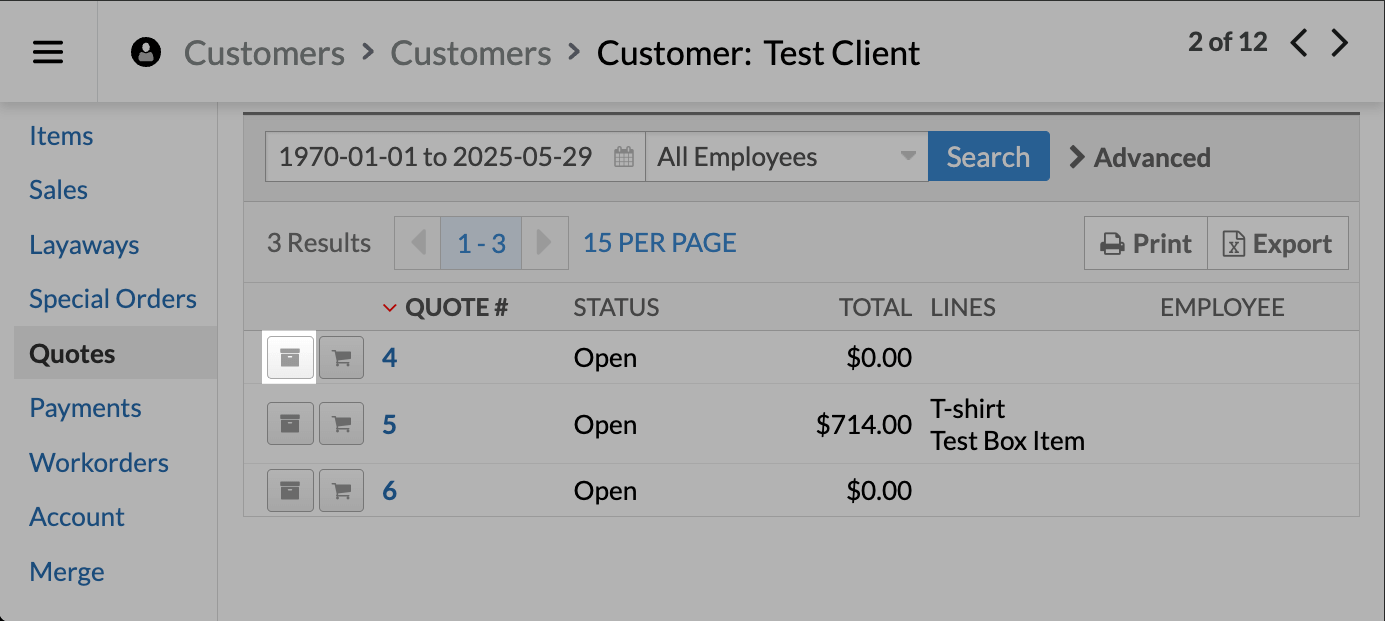 Het tabblad van de offerte van een klant met het pictogram Archiveren uitgelicht.