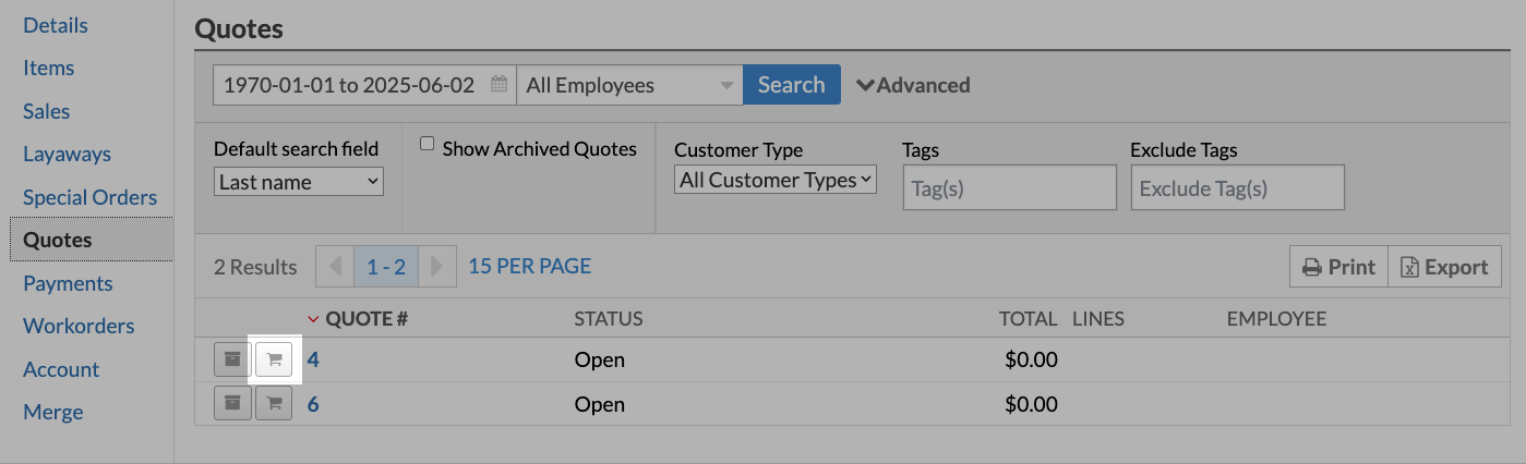 Image représentant l’onglet Devis d’un client, l’icône de chariot est mise en évidence.
