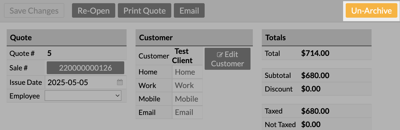 Devis archivé, le bouton Désarchiver est mis en évidence.