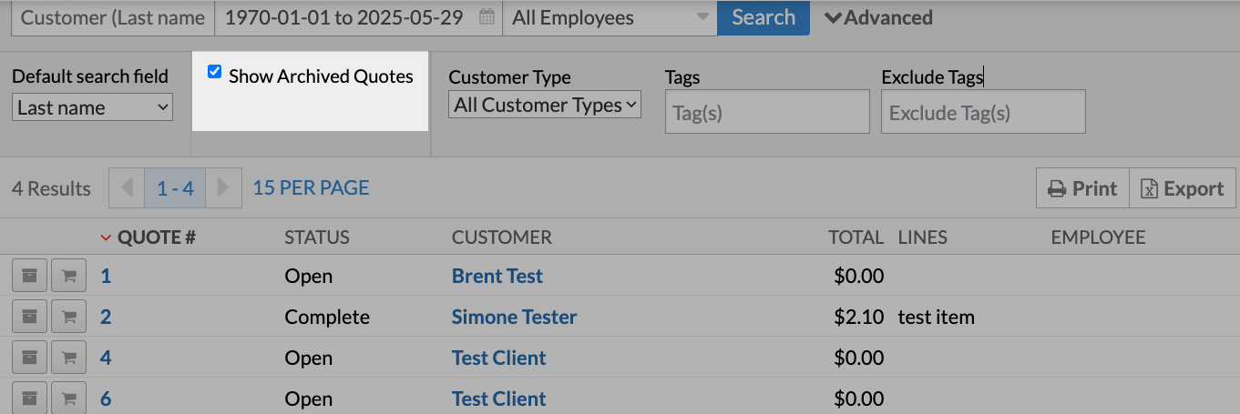 Page des devis, l’option Afficher les devis archivés est mise en évidence.