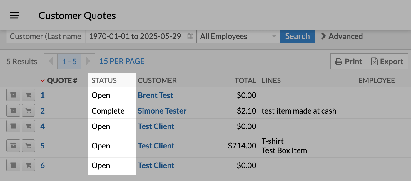 De pagina Offertes aan klanten met de status van de offerte uitgelicht.