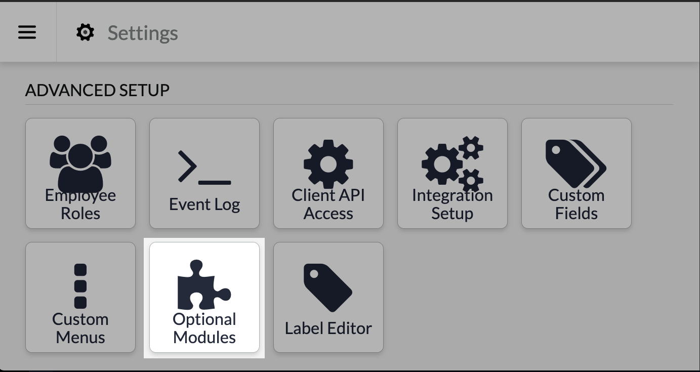 De pagina Instellingen met de optie Optionele modules uitgelicht.