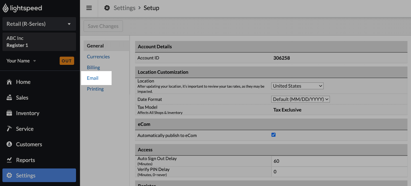 Page Options générales avec l’onglet Email mis en évidence