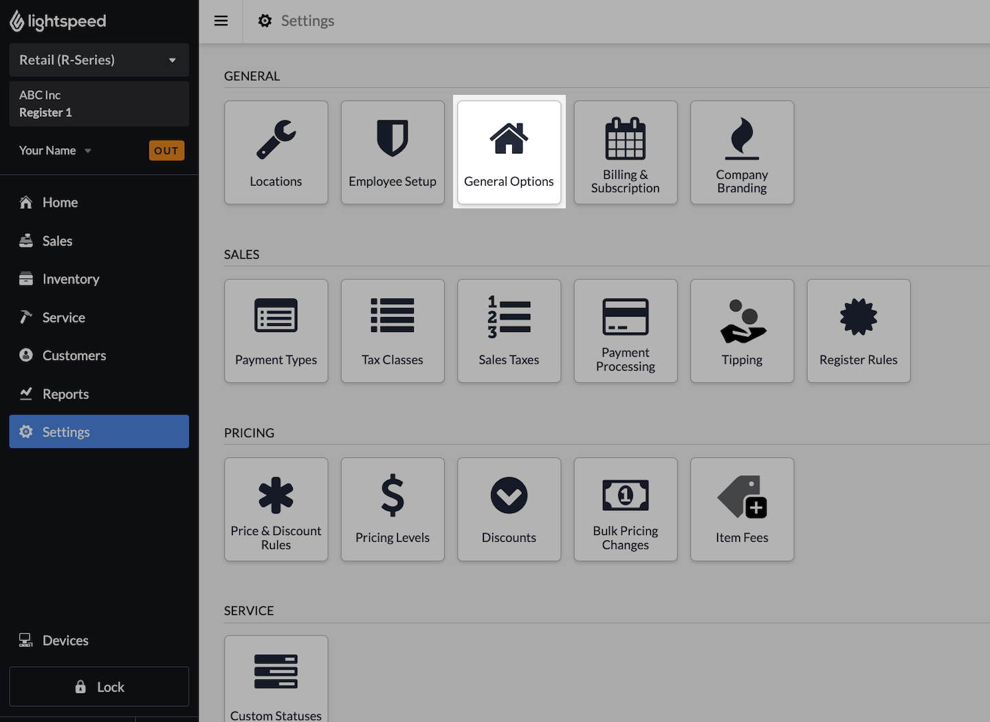Page des paramètres, le bouton Options générales est mis en évidence.