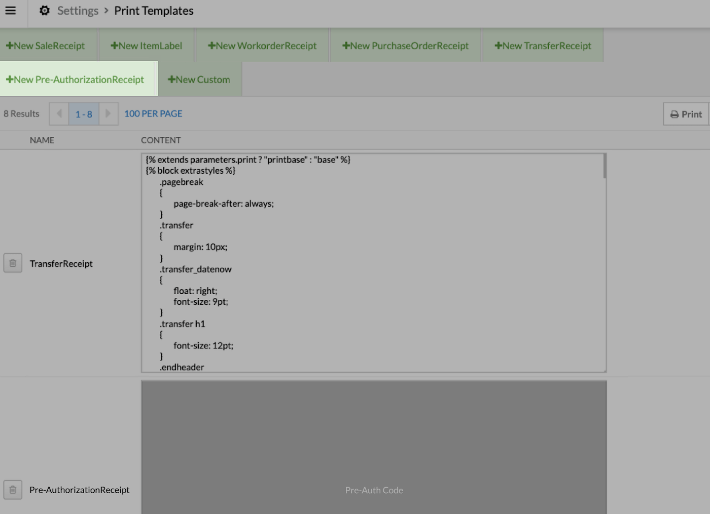 Print Templates page with +New PreAuthorizationReceipt button highlighted.