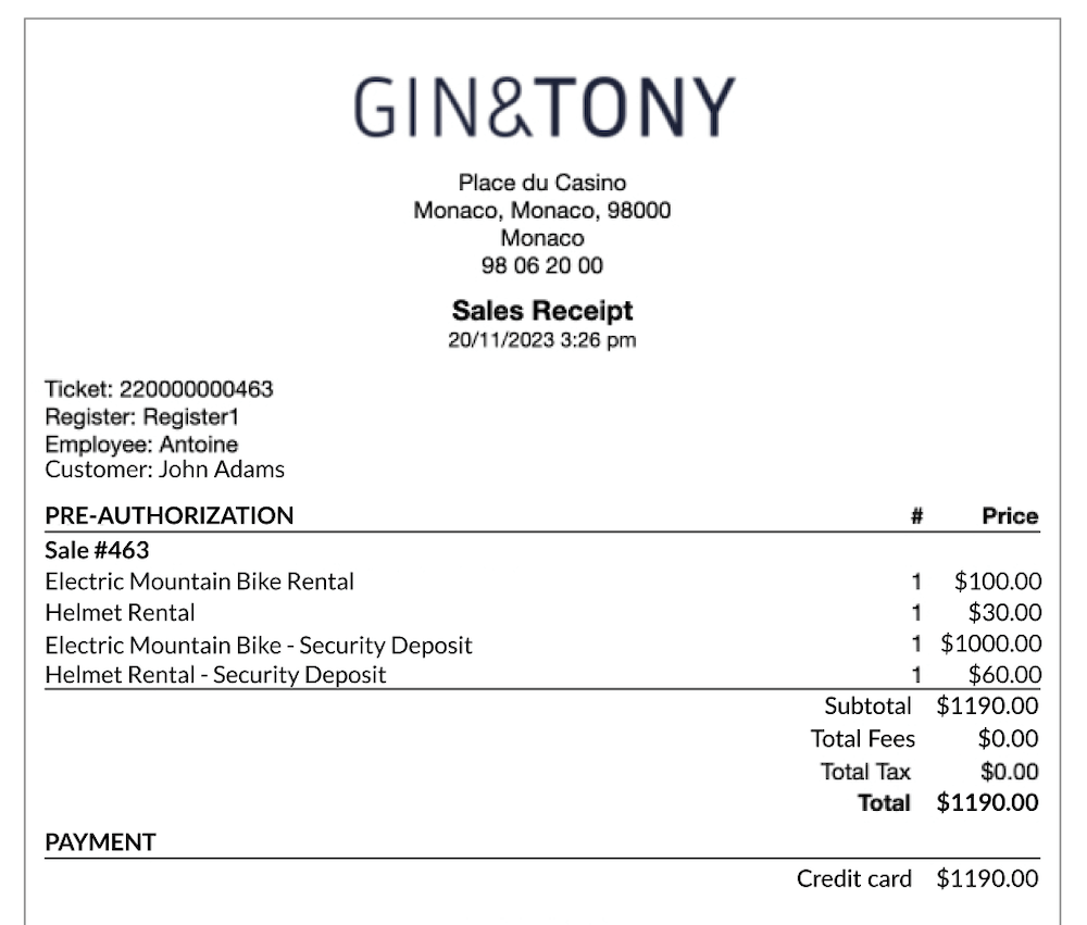 Example receipt with preauthorization detail.
