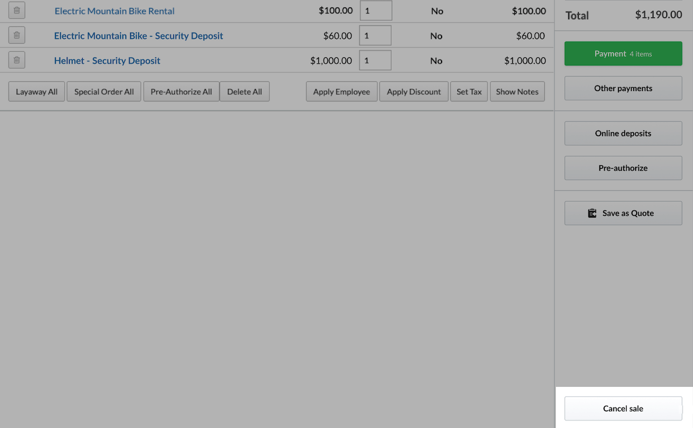 Bottom of Sales page with Cancel sale button highlighted.