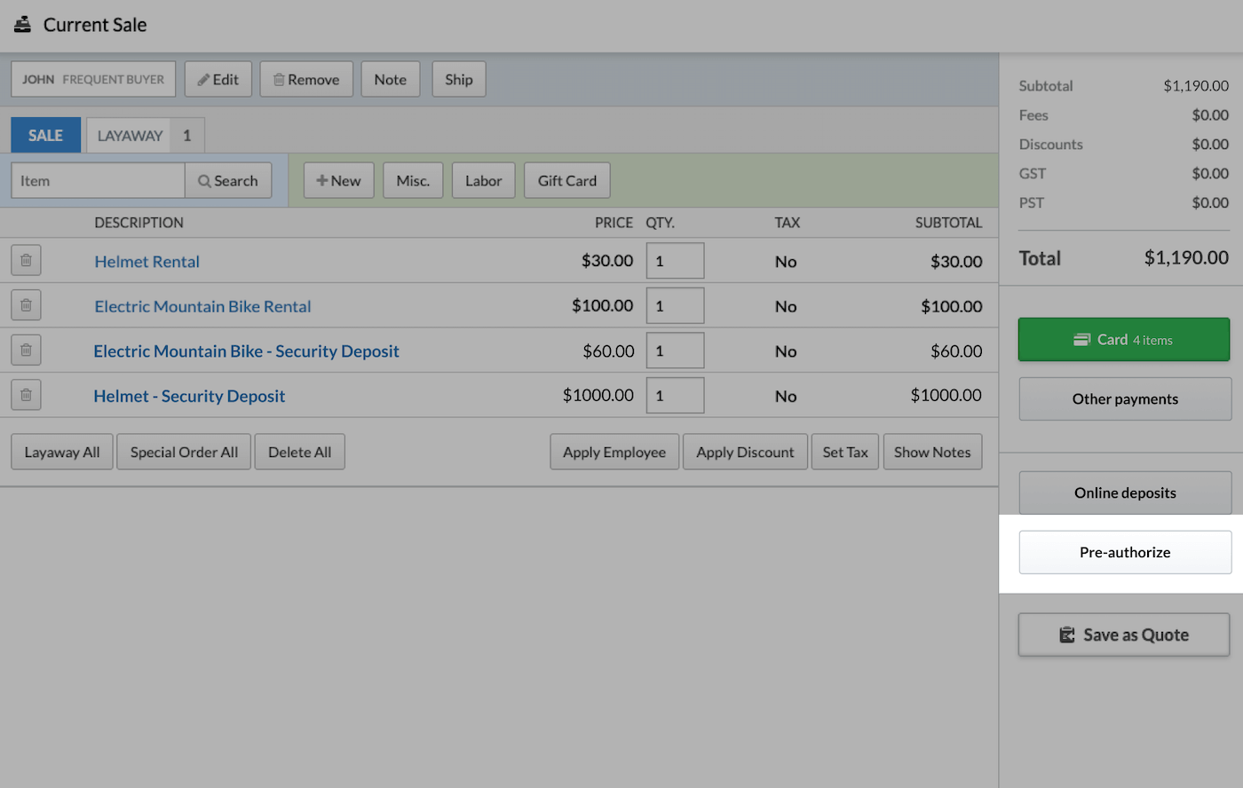 Current Sale with Preauthorize button highlighted.