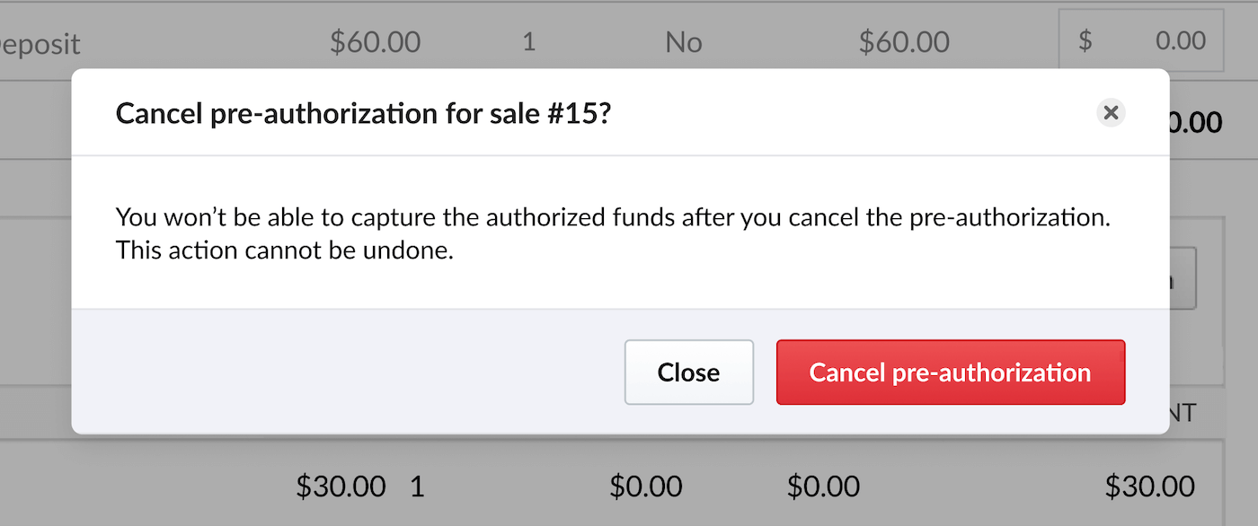 Cancel preauthorization popup.