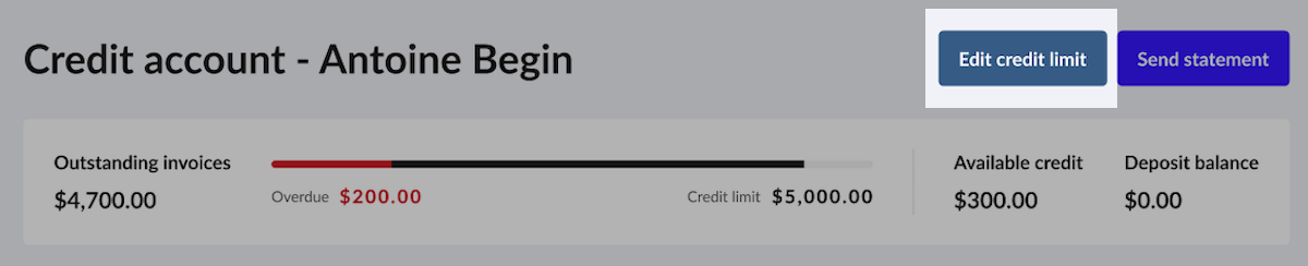 Customer's credit account page with Edit credit limit button highlighted.