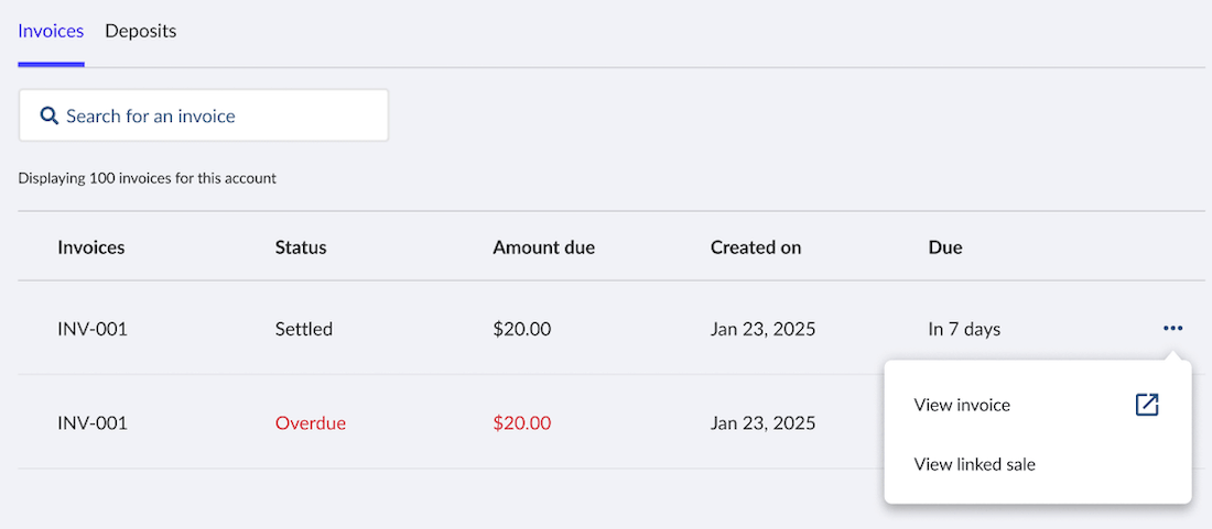 Customer's credit account page showing the Deposits tab.