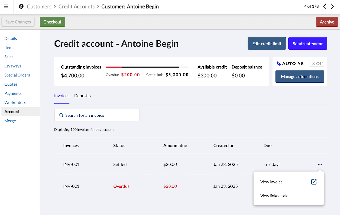 Customer's credit account page showing the Deposits tab.