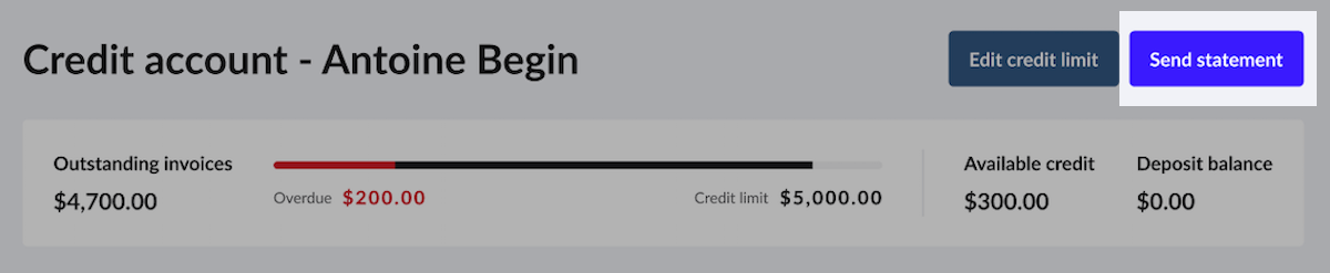 Customer's credit account page with Send statement button highlighted.