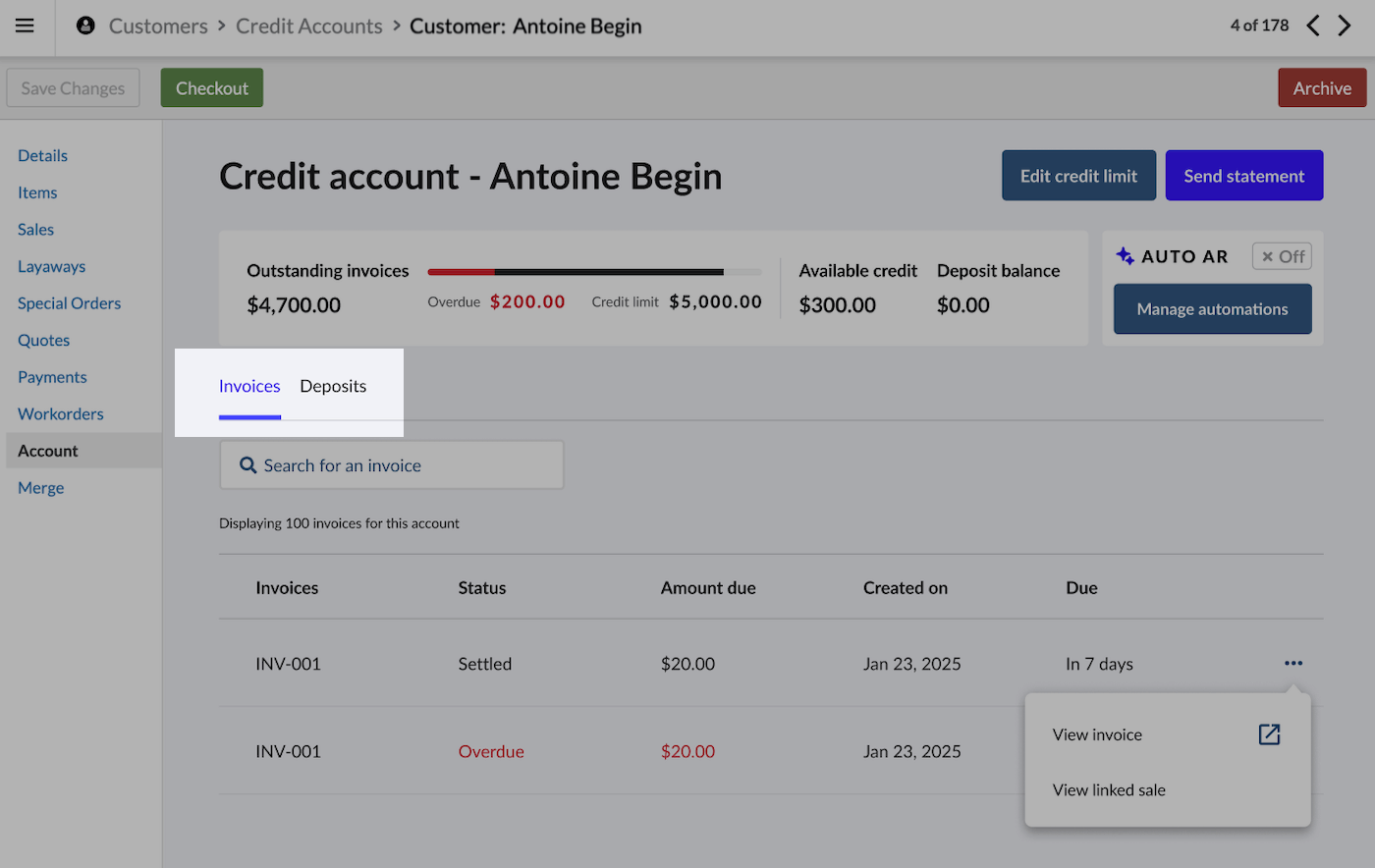 Customer's credit account page with Send statement button highlighted.