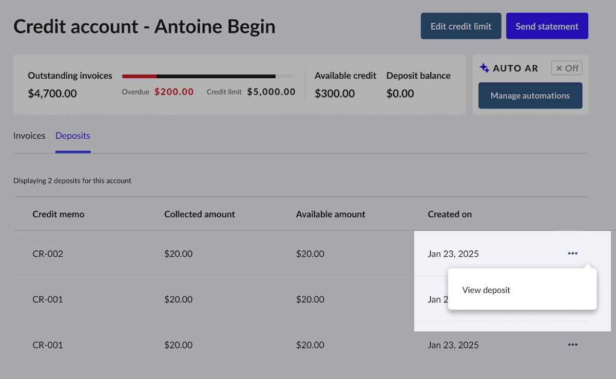 Customer's credit account page showing the Deposits tab with View deposit option highlighted.