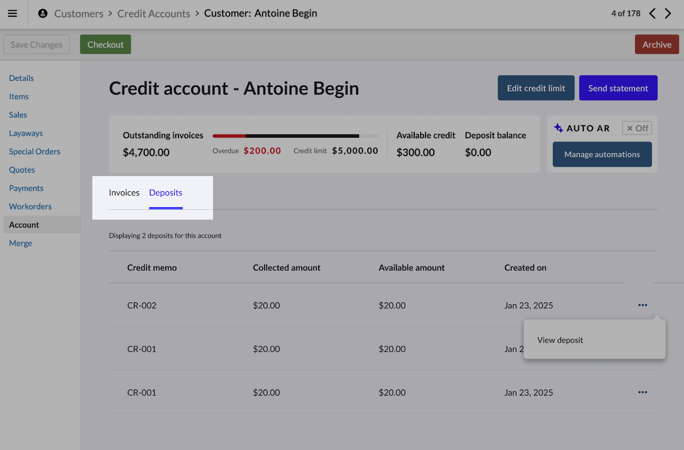 Customer's credit account page showing the Deposits tab.