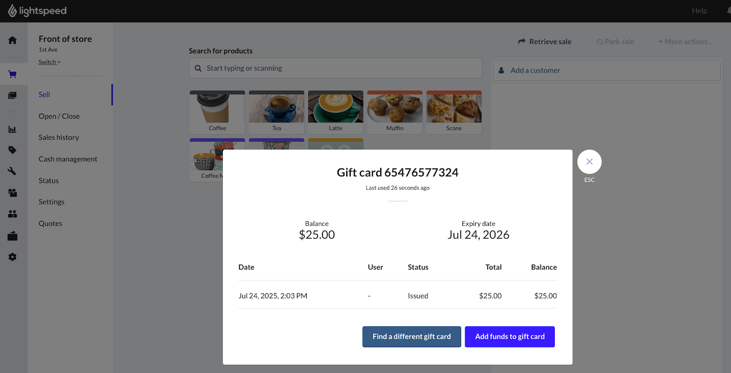 Verkoopscherm met pop-up met daarop informatie over de cadeaubon, bijvoorbeeld saldo, vervaldatum, uitgegeven datum, uitgegeven gebruiker, status en totaalbedrag oorspronkelijke cadeaubonverkoop.