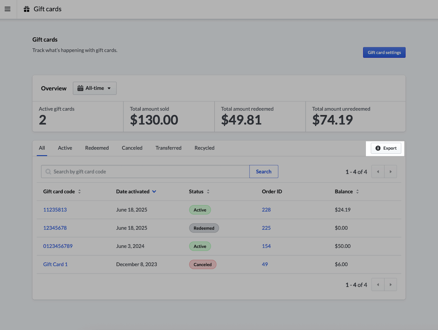 Page Cartes-cadeaux, le bouton Exporter est mis en évidence.