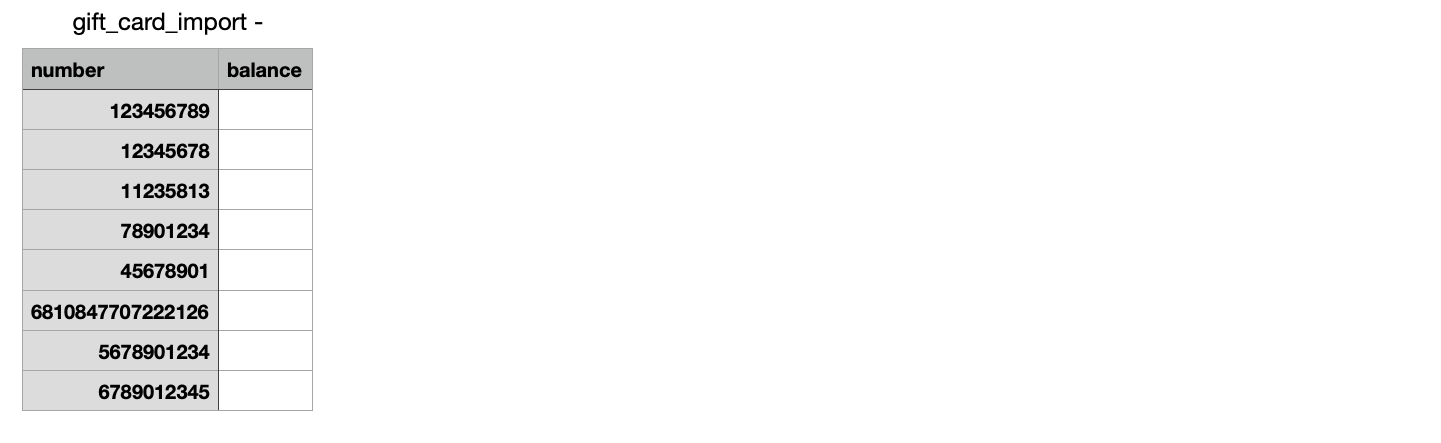 Fichier d’importation des cartes-cadeaux, les valeurs de code sont collées dans la colonne number (numéro).