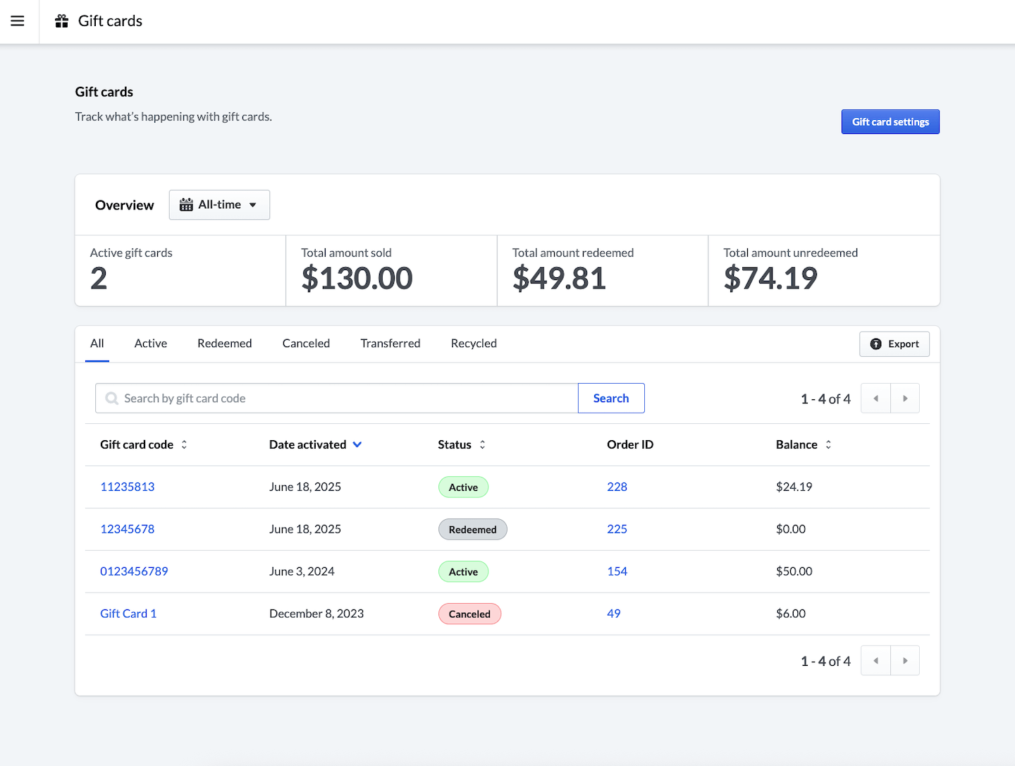 De overzichtspagina van cadeaubonnen met algemene statistieken en een lijst met afzonderlijke cadeaubonnen.