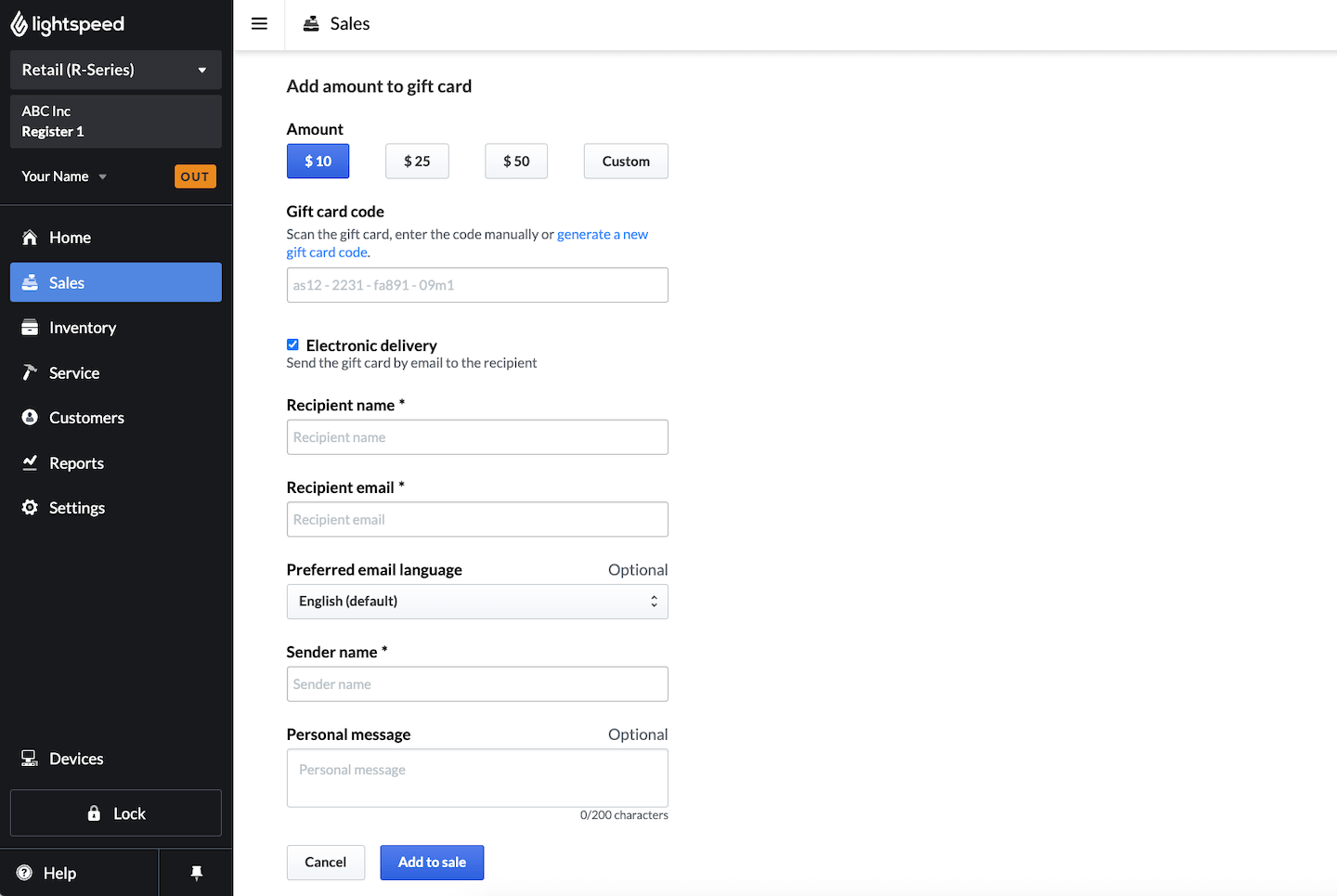 De pagina Voeg een bedrag toe aan de cadeaubon met het selectievakje Electronic delivery geselecteerd en extra velden zichtbaar.