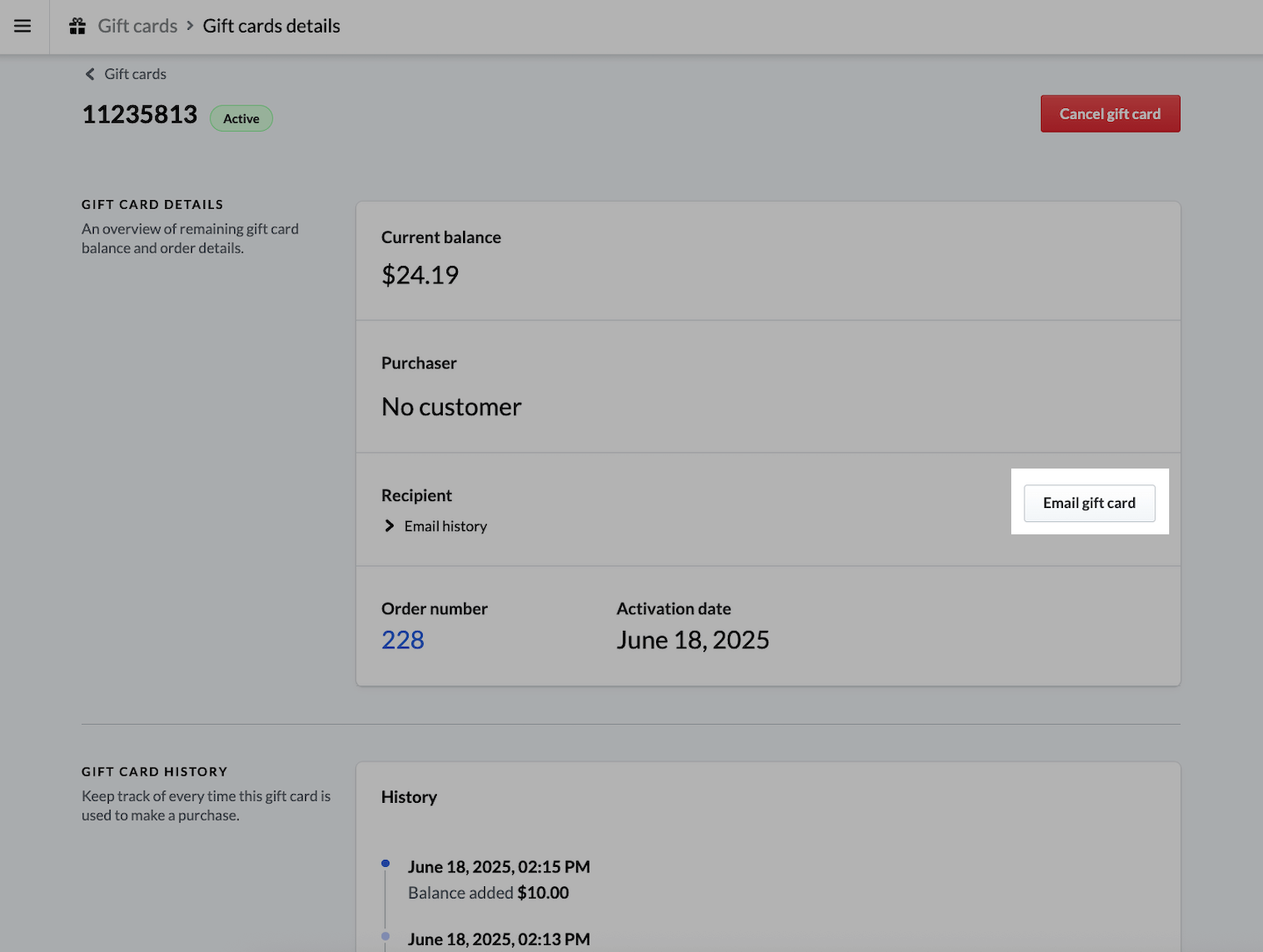 Pagina van een afzonderlijke cadeaubon met de knop Cadeaubon e-mailen uitgelicht.