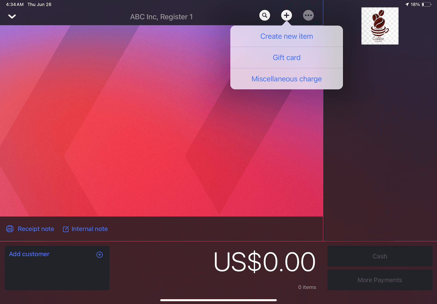 Vente sur iPad, l’icône Plus a été sélectionnée et l’option Carte-cadeau est visible.