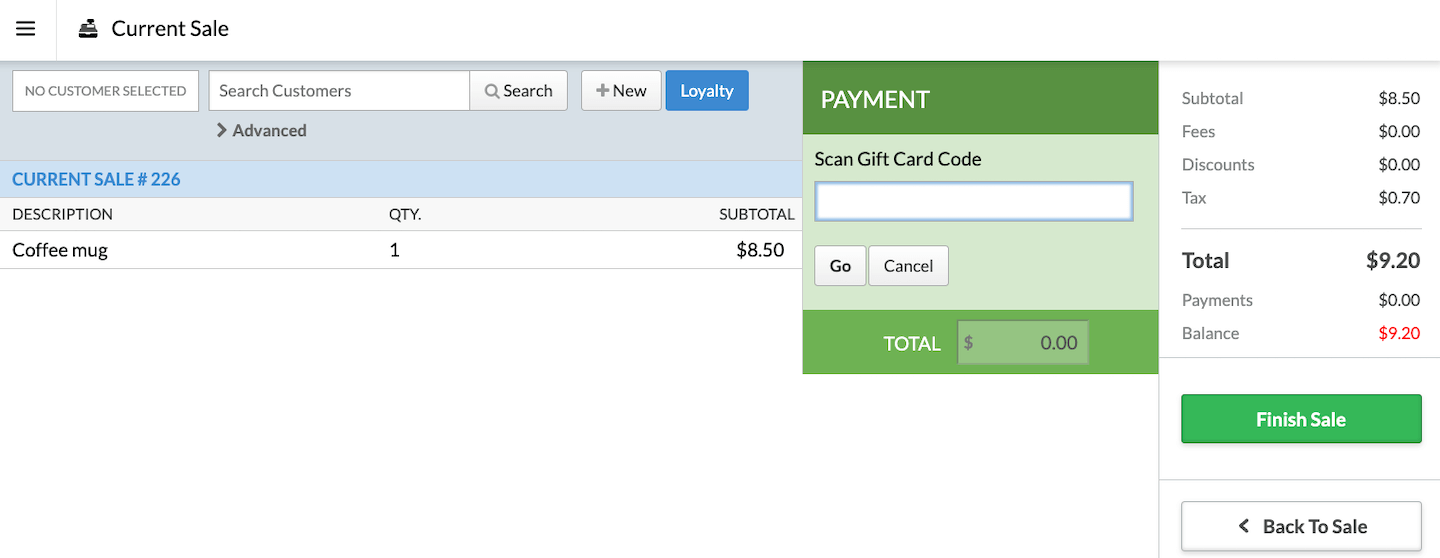 Écran de vente, le champ Numérisez le code de la carte-cadeau est visible.