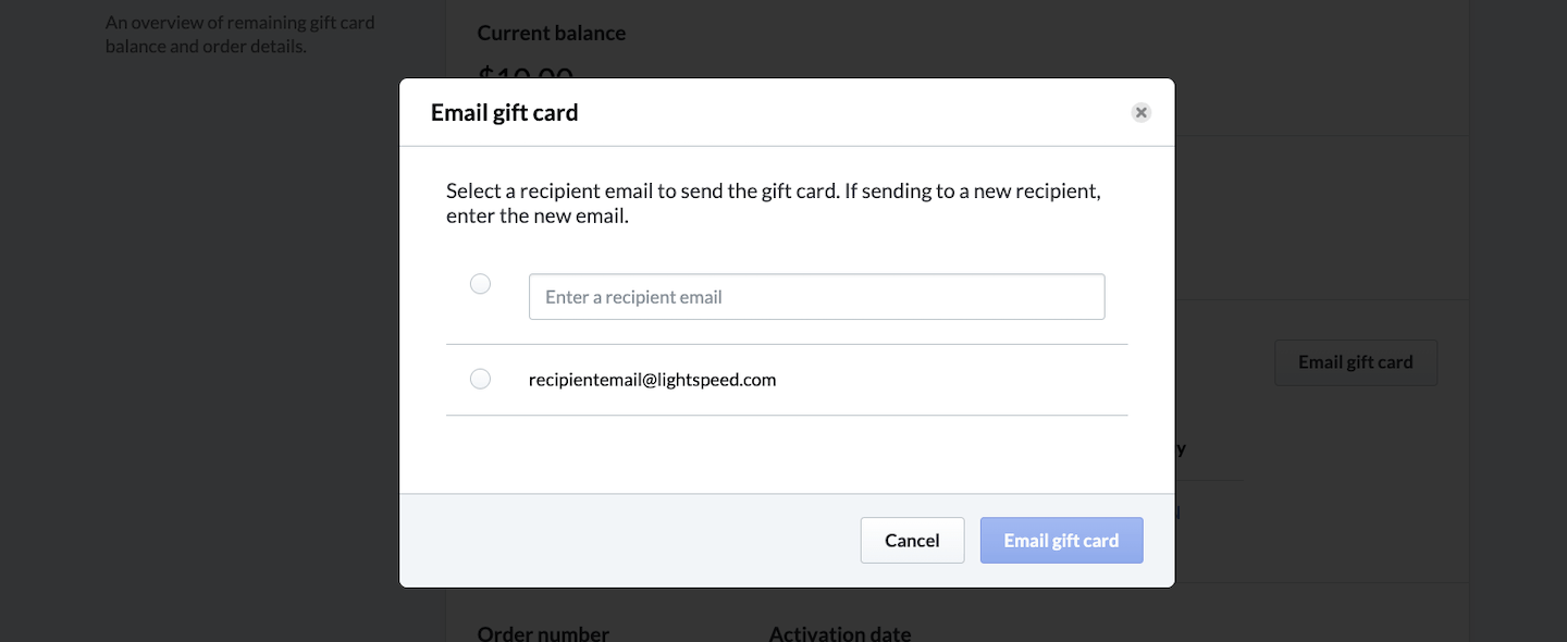Fenêtre contextuelle permettant d’envoyer la carte-cadeau par courriel.