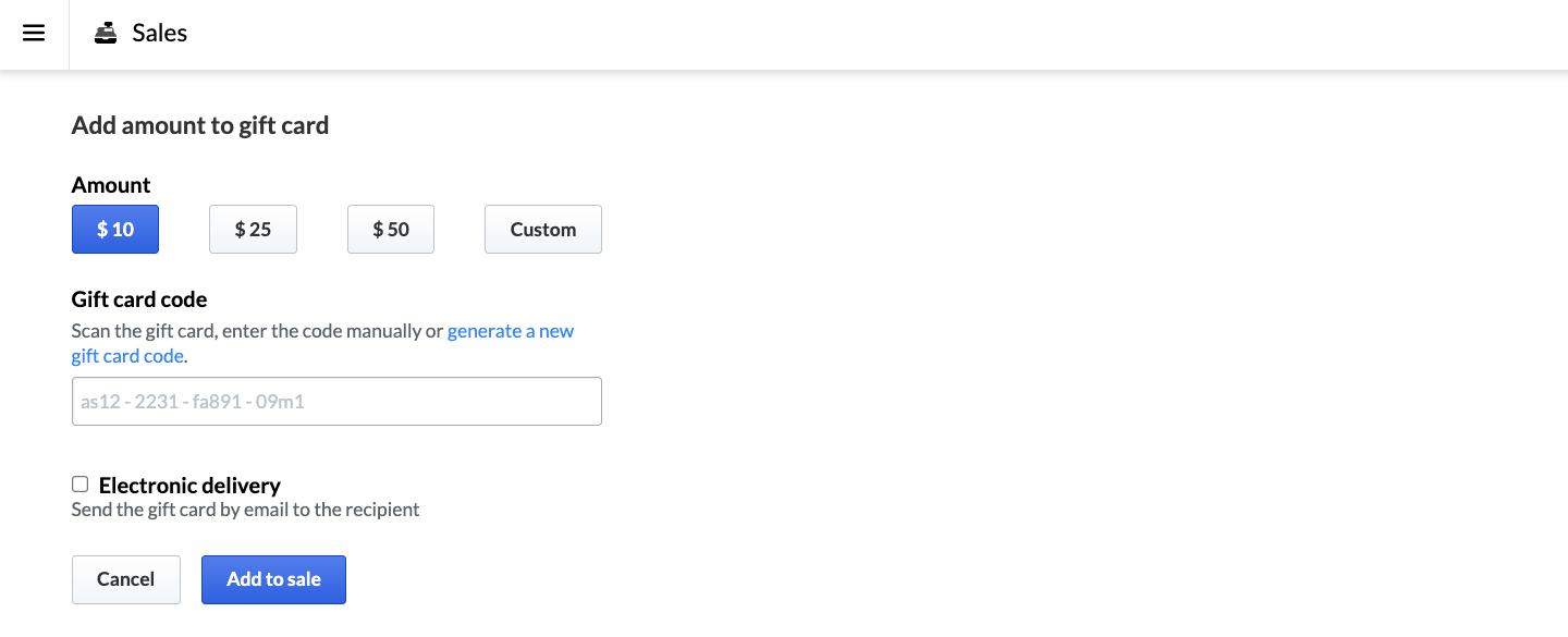 Page Ajouter un montant à la carte-cadeau.