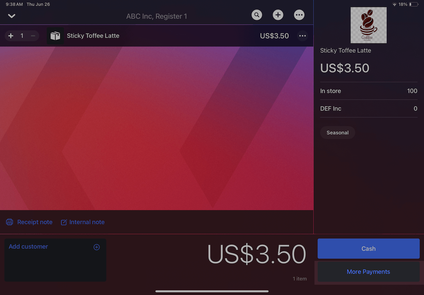 Vente sur iPad, l’option Autres paiements est mise en évidence.