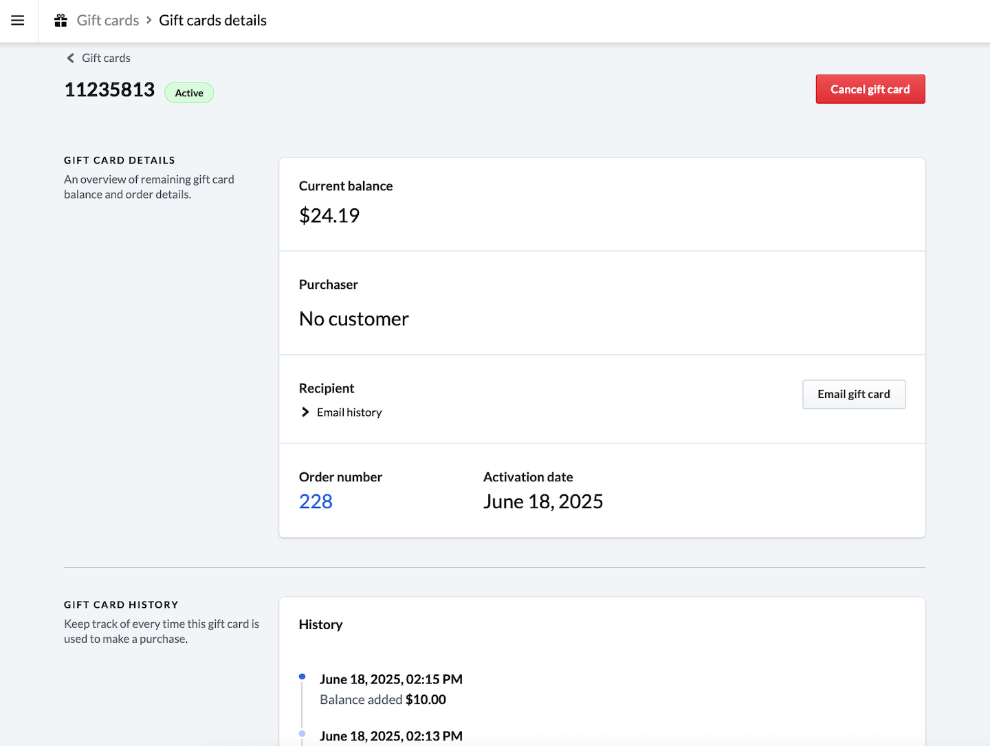Page d’une carte-cadeau, le bouton permettant d’annuler une carte-cadeau est visible.