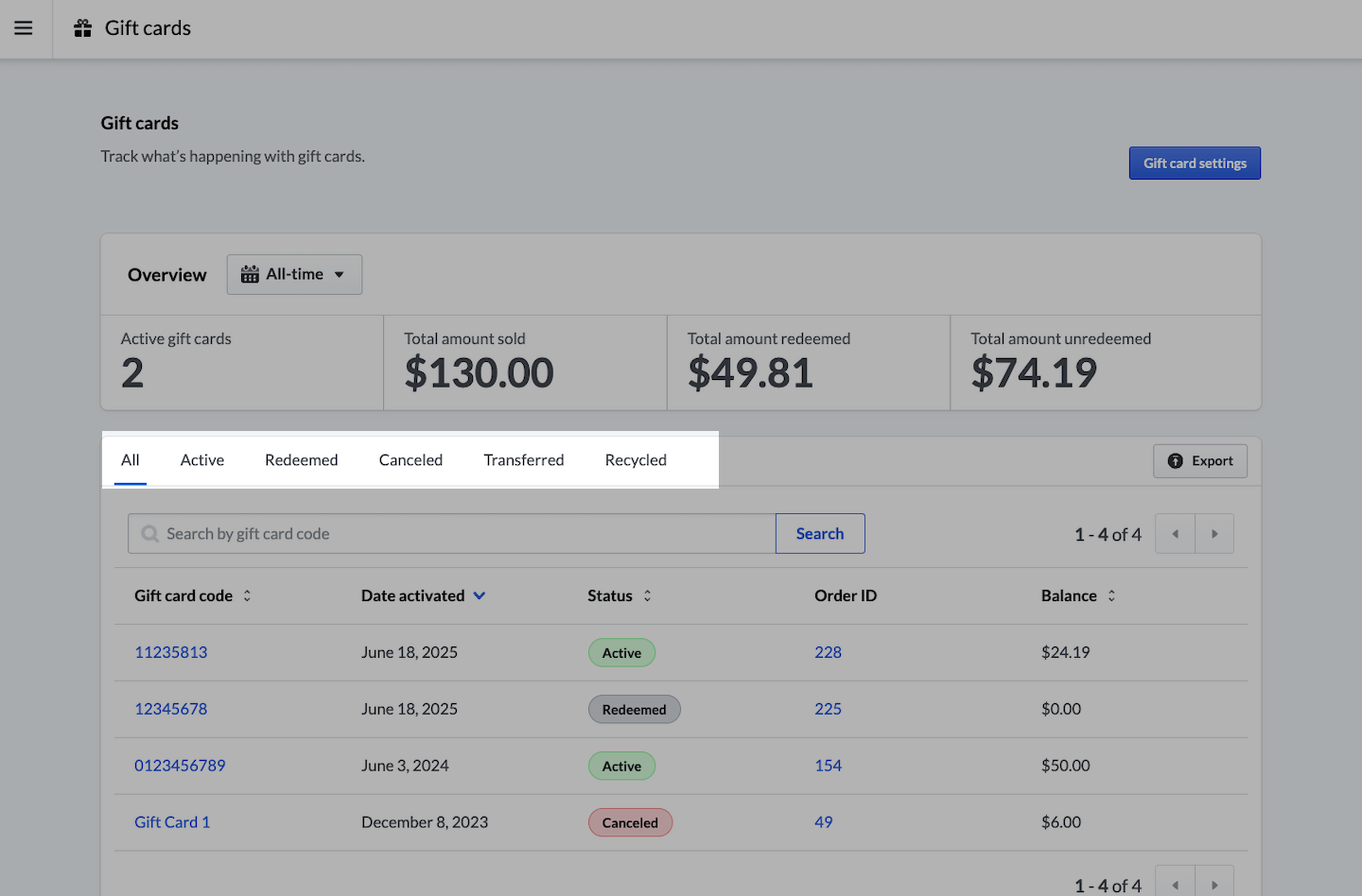 De pagina Cadeaubonnen met de statustabbladen uitgelicht.