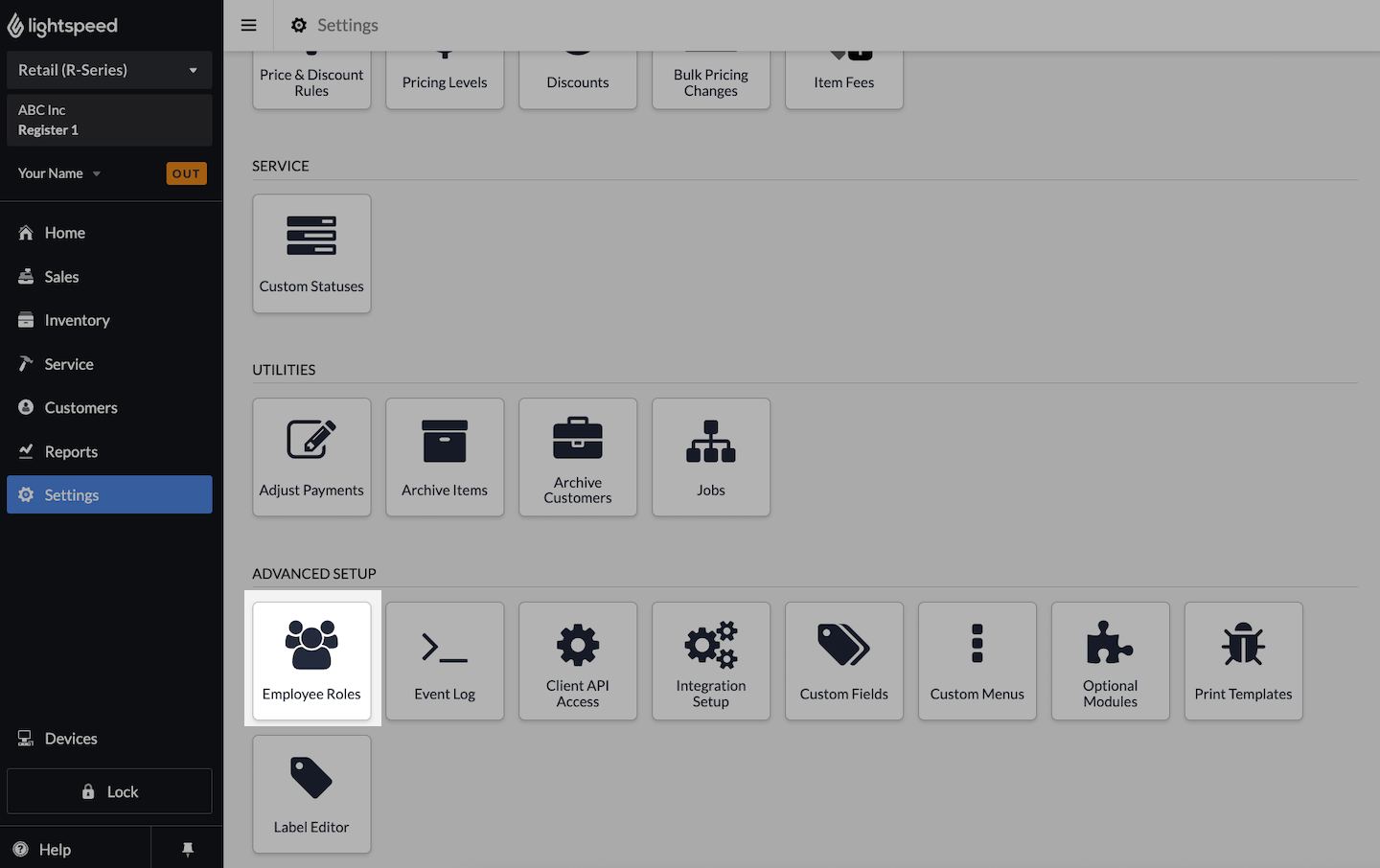 Page Paramètres, le bouton Rôles du personnel est mis en évidence.