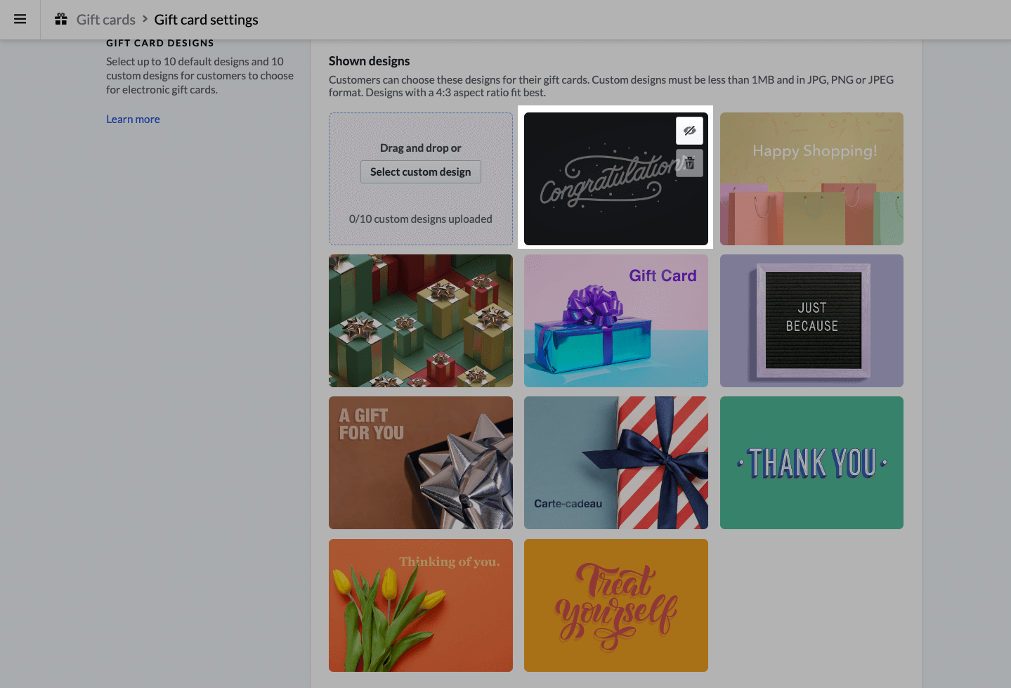 Une image de la section Designs est accompagnée de l’icône en forme d’œil permettant de l’afficher ou de la masquer.
