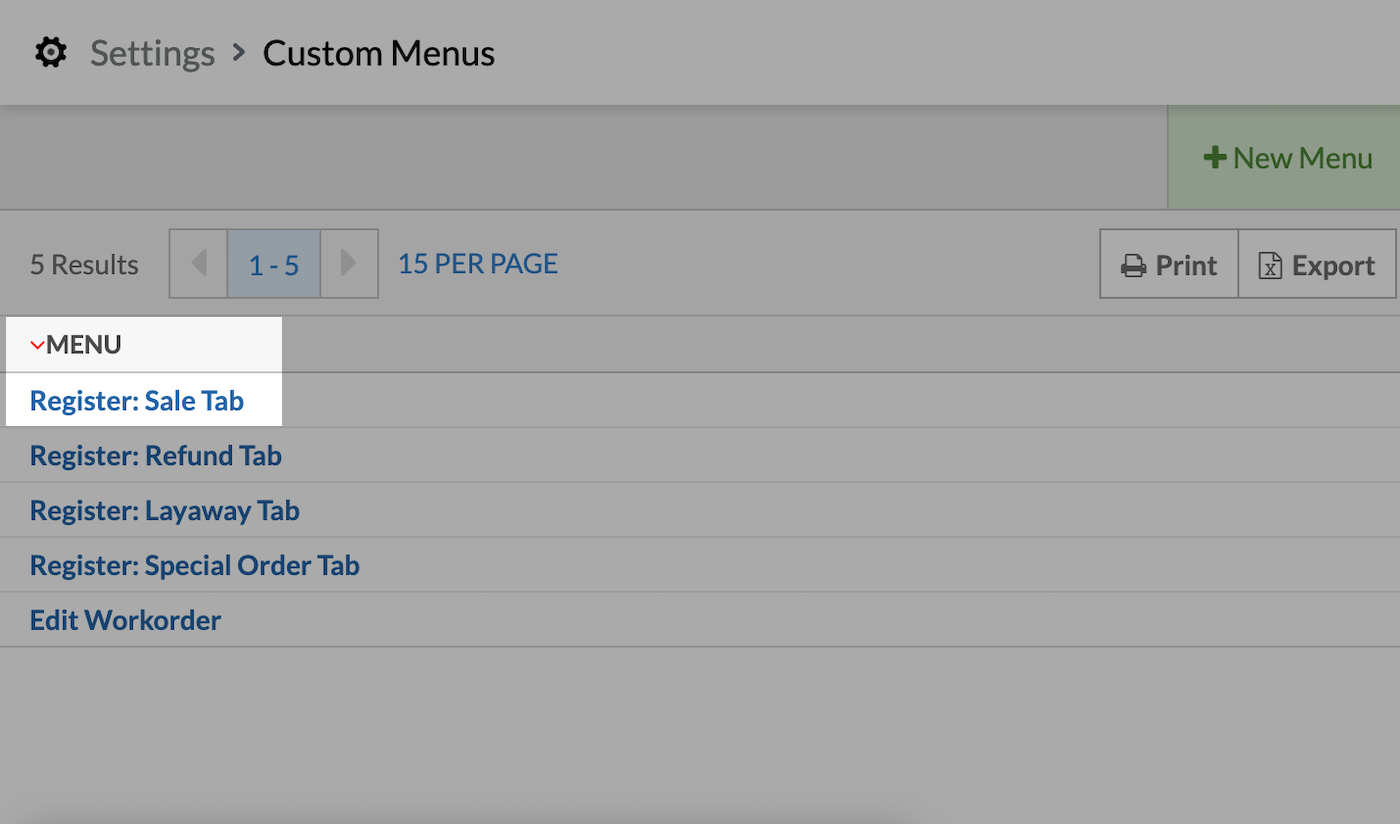 The Custom Menus page with Register: Sale Tab highlighted.