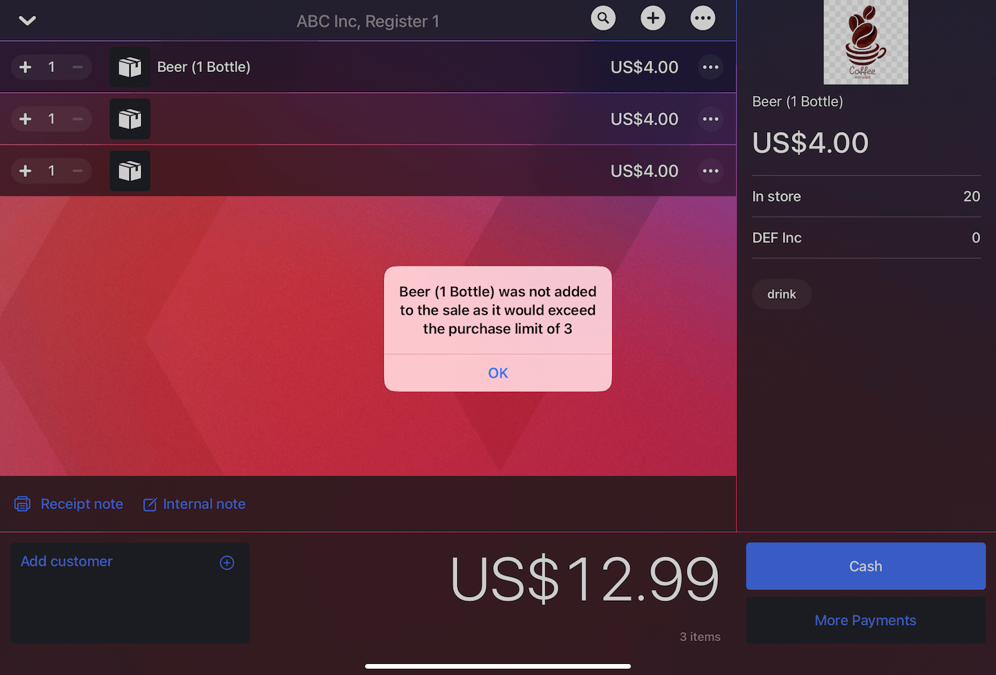 Page Vente, une fenêtre indique que l’article n’a pas été ajouté à la vente, car la limite d’achat est dépassée.