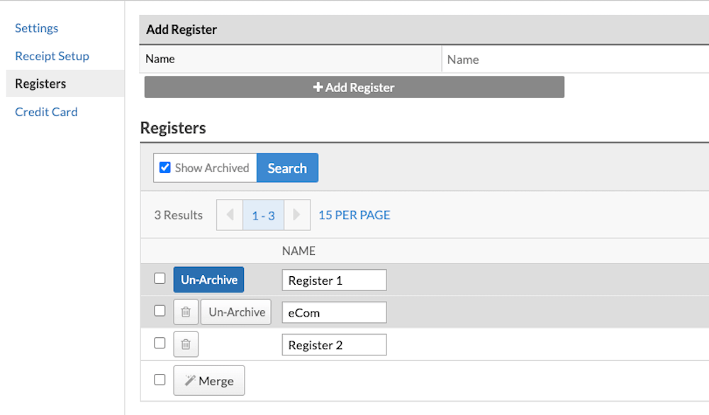 Het gedeelde Kassa's met de optie Gearchiveerd weergeven aangevinkt en de knop Dearchiveren uitgelicht.