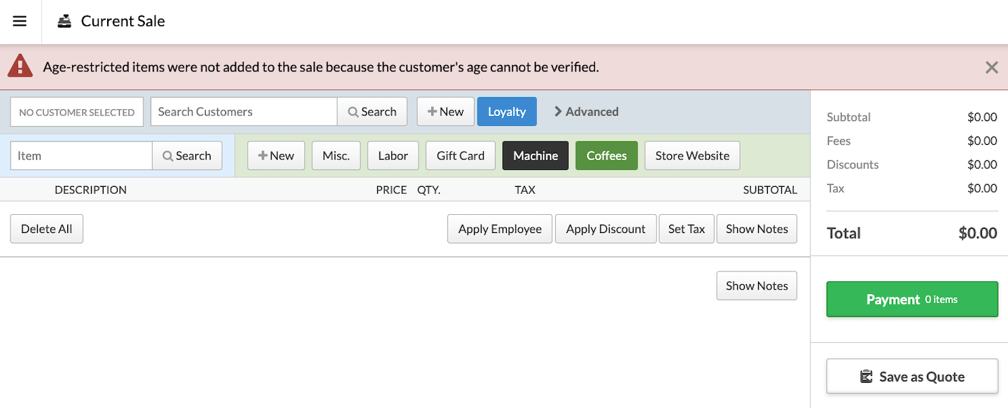 Page Ventes, une bannière temporaire indique que les articles assortis d’une restriction d’âge n’ont pas été ajoutés à la vente, car l’âge du client n’a pas pu être vérifié.