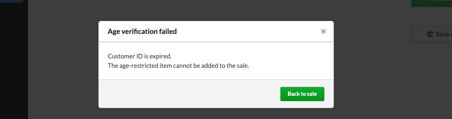 Fenêtre indiquant que la vérification d’âge a échoué car la pièce d’identité du client est expirée.