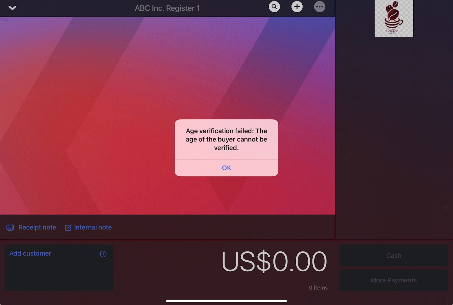 Une fenêtre indique que les articles assortis d’une restriction d’âge n’ont pas été ajoutés à la vente, car l’âge du client n’a pas pu être vérifié.