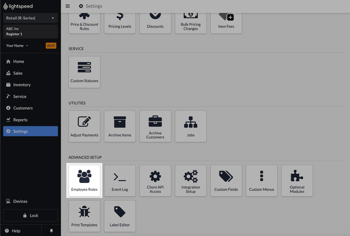 De pagina Instellingen, met de knop Rollen werknemers uitgelicht.