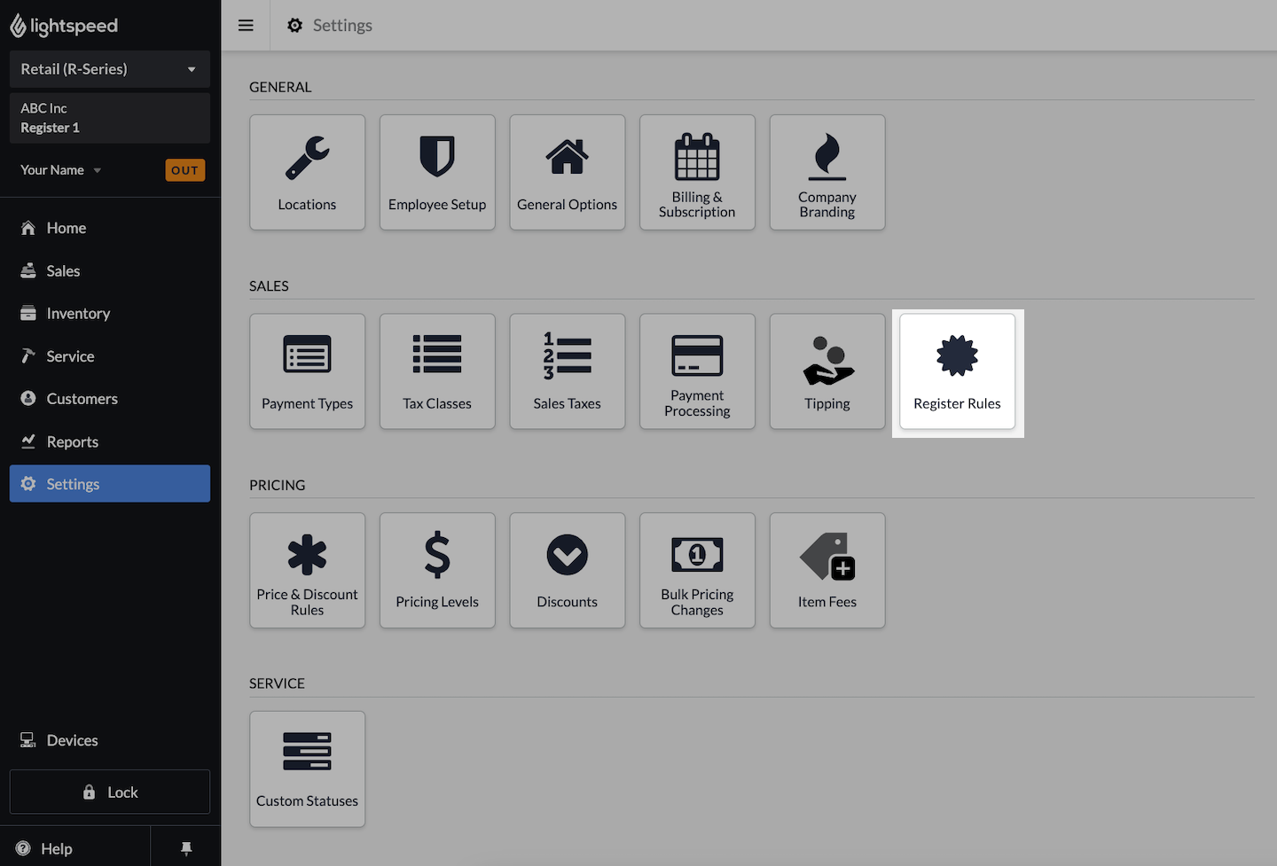 De pagina Instellingen met Kassaregels uitgelicht.